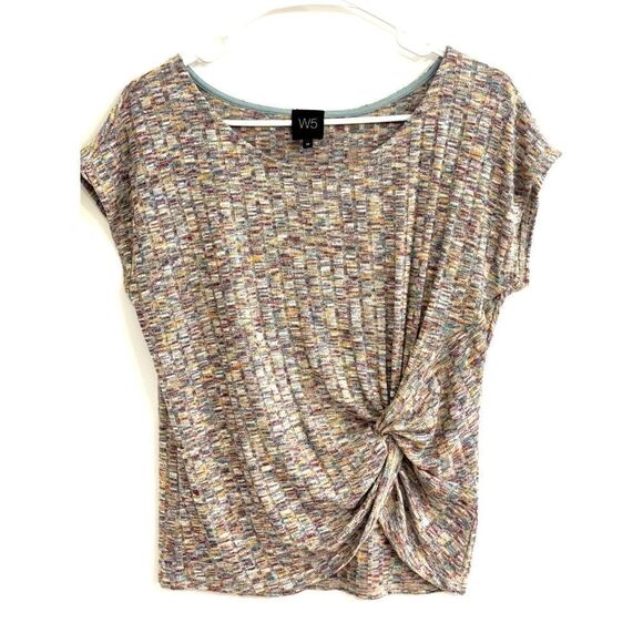 W5 ANTHROPOLOGIE Short Sleeve Multicolor Sweater Top W/  Knot Accent SZ M EUC - Picture 1 of 6